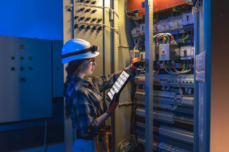 A woman electrician in hard hat and gloves inspects an open control cabinet while reading tablet schematics. Blue and warm lighting supports a modern story of digital maintenance, safety, and reliability.