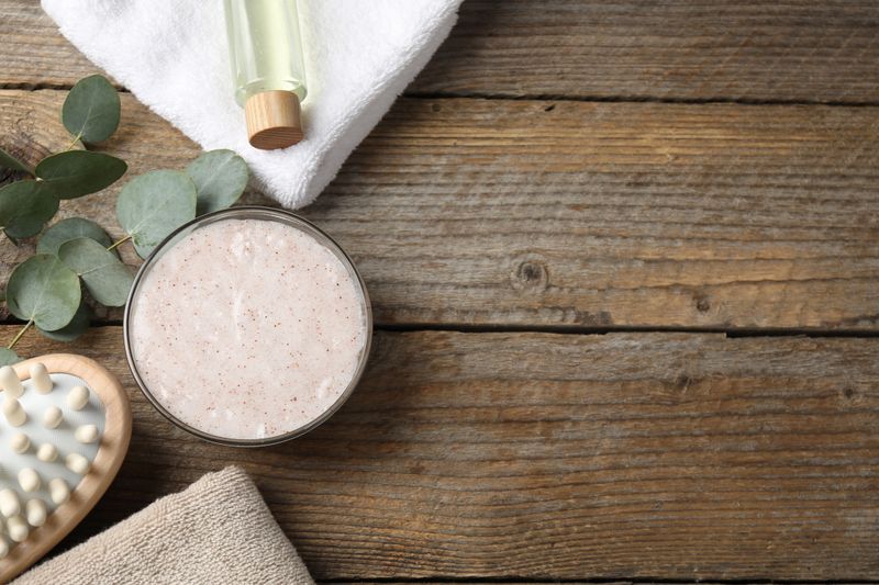 Natural body scrub in bowl, ingredients, brush and towels on wooden table, flat lay. Space for text