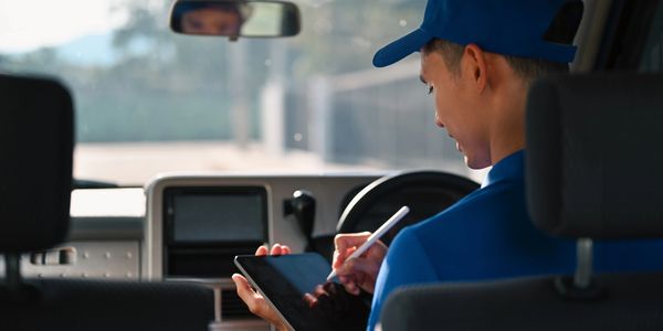 A delivery man using a tablet in a car.