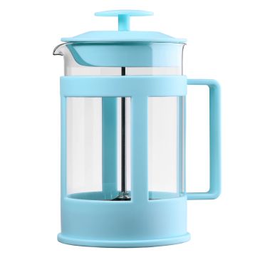 Blue French press coffee maker.
