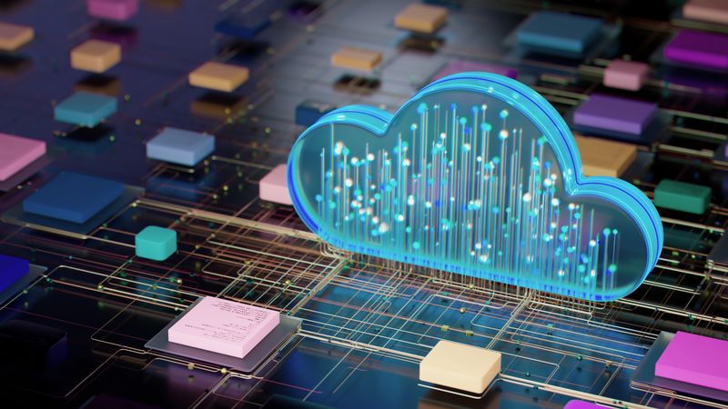 A stylized translucent cloud hovers above a circuit-board environment with glowing data streams, symbolizing cloud computing, network connectivity, data transfer and modern digital infrastructure.