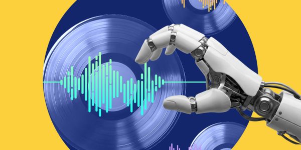 Robotic hand interacting with digital music records against a yellow background.
