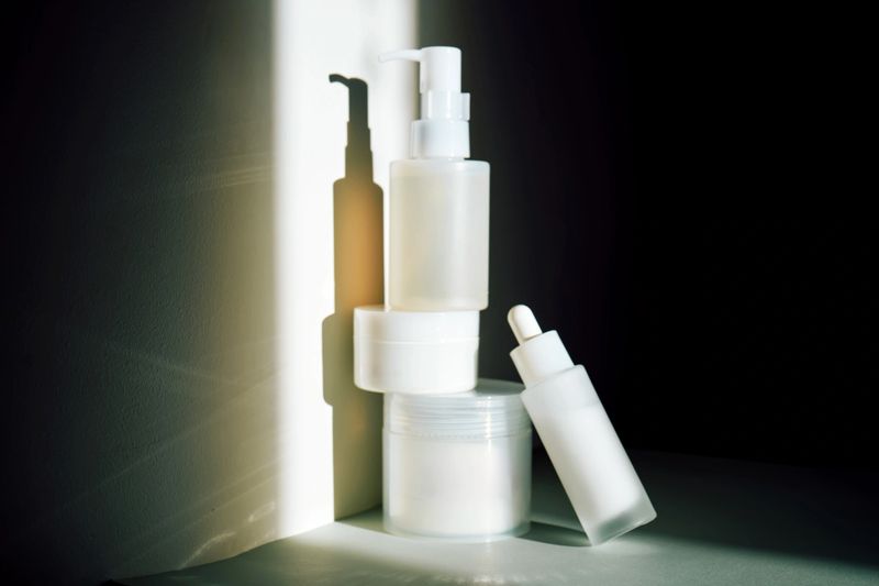 Skincare and cosmetic products in white minimalist bottles and jars illuminated by strong light, casting shadows