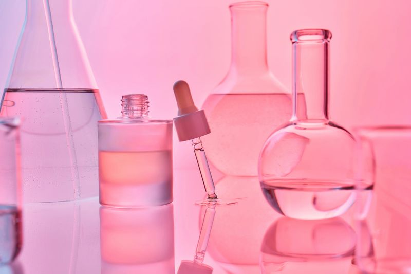 Cosmetic laboratory still life with dropper bottle and glassware holding liquid, representing beauty science and chemistry