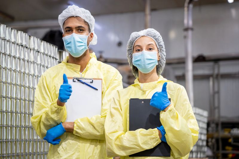 Smiling diverse technicians in masks and hairnets holding clipboards in food production line, Confident factory workers giving thumbs up for food quality and safety standards