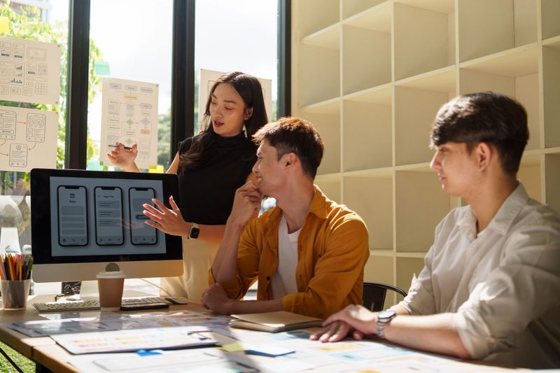 Creative professionals reviewing app interface prototypes and usability flows in a modern office.