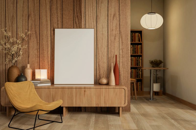 White frame on wooden table aside yellow fabric chair on parquet floor with round lamp in room corner. Advertise Mockup, 3D Rendering, 3D illustration.