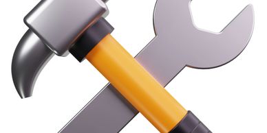 A hammer and wrench crossed together symbolizing tools.
