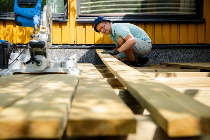 Man building wooden deck in backyard. Authentic DIY home improvement project during summer. Outdoor house renovation and construction. High quality photo