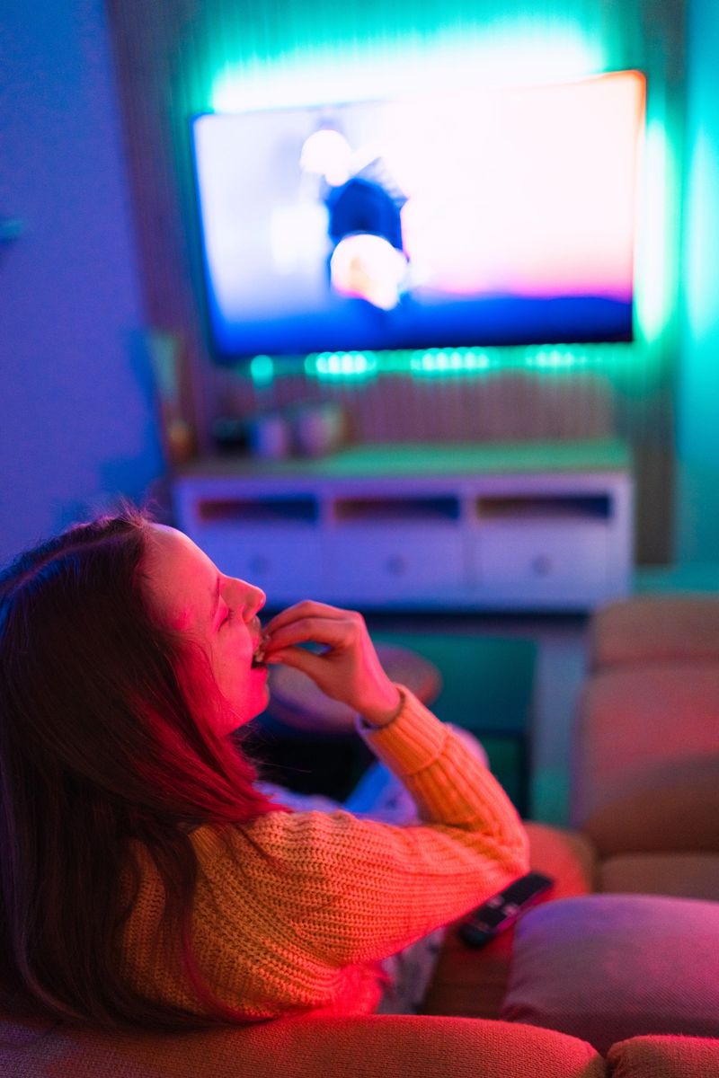A woman enjoys popcorn on a sofa while the TV is playing, with warm, cozy lighting, capturing casual home entertainment, relaxed mood, and comfortable indoor lifestyle.