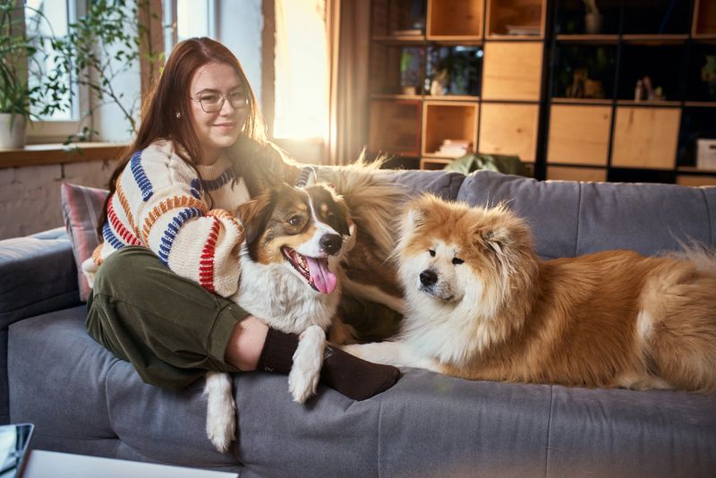Woman sitting with two dogs on sofa in warm modern apartment. Concept of family lifestyle branding, pet adoption campaigns, home comfort advertising and community values.