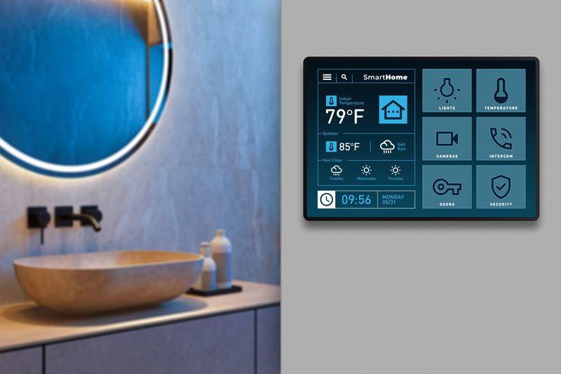 A wall-mounted tablet featuring a smart home automation dashboard with a yellow and charcoal grey user interface, positioned in a high-end bathroom. The screen displays indoor temperature of 79°F, outdoor weather conditions, and intuitive touch icons for lights, cameras, intercom, and security systems. The background shows a blurred, sophisticated bathroom design with dark wood accents, a glass shower partition, and minimalist fixtures. This visual perfectly illustrates the expansion of IoT technology into personal wellness spaces and smart home integration.