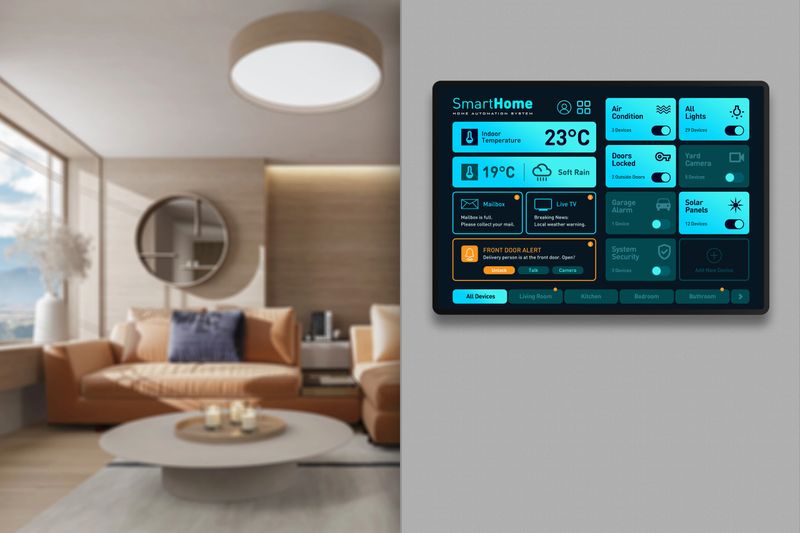 A modern smart home control panel with a cyan and dark blue interface mounted on a neutral wall. The display shows comprehensive home data, including climate control (23°C), light management, and a front door security alert. The blurred background showcases a warm, modern living room with tan leather sofas, minimalist decor, and soft ambient lighting. Perfect for illustrating smart living, IoT security, and premium interior styling.