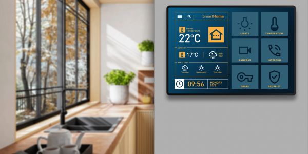 Smart Home Display zeigt Innen- und Außentemperatur sowie weitere Steuerungsoptionen.