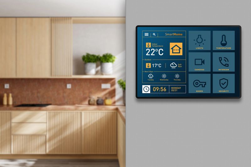 High-tech smart home control panel with a dark blue and yellow interface mounted in a bright, modern kitchen. The display features climate data, weather forecasts, and quick-access tiles for kitchen lighting and security. The blurred background shows a stylish wooden kitchen with large windows, indoor plants, and clean countertops. Perfect for illustrating "smart kitchen" concepts and the convenience of integrated home management.