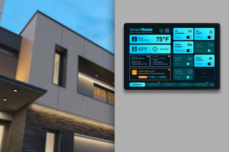 A sophisticated smart home automation panel with a neon cyan and dark blue interface, featuring a "Front Door Alert" notification. The display shows real-time outdoor data (75°F) and control tiles for yard cameras, solar panels, and garage alarms. The blurred background depicts a luxury modern villa at dusk with elegant outdoor lighting and a clean architectural facade. Perfect for illustrating home security, remote monitoring, and high-end residential technology solutions.