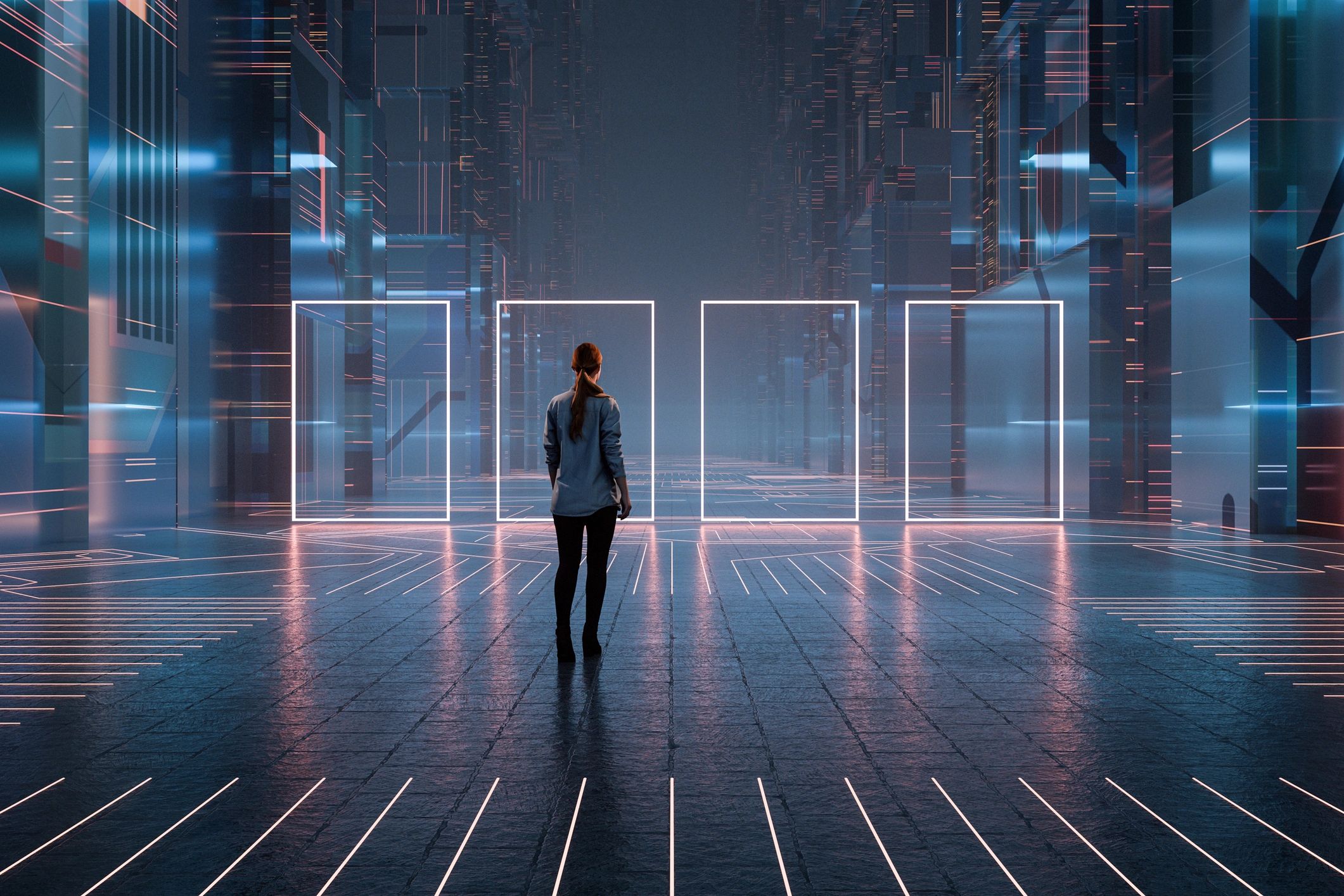 Person facing four glowing digital door frames in a futuristic hallway.