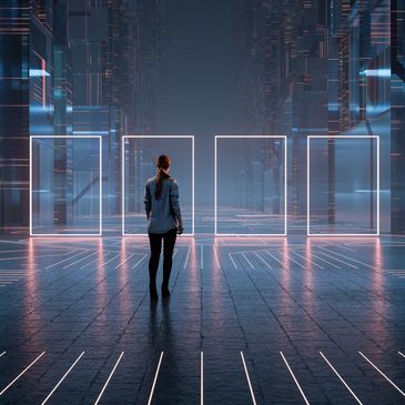 Person standing before glowing digital frames in a futuristic environment.