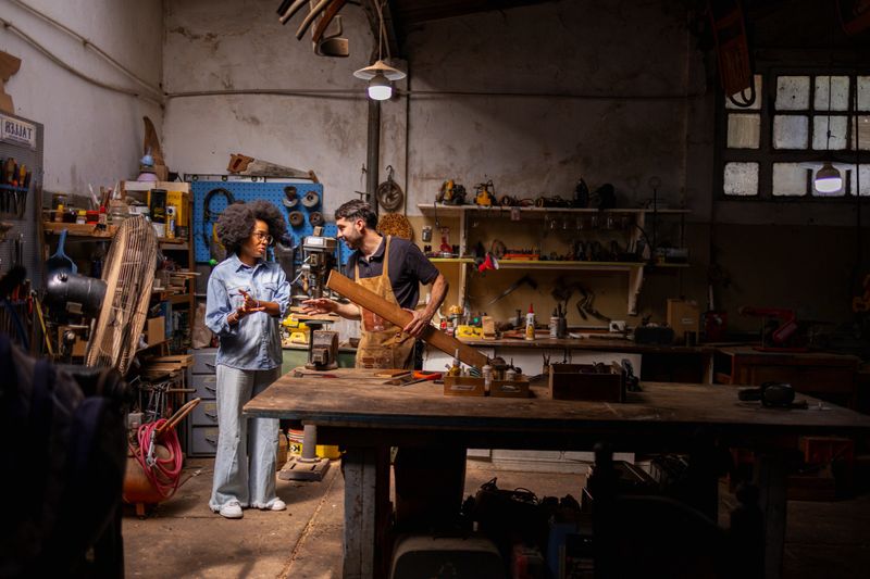 Two diverse carpenters discussing a new project in their cluttered workshop, collaborating on craftsmanship and carpentry work