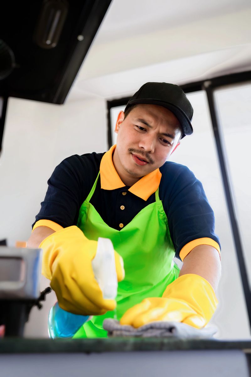 Professional male cleaner sanitizing modern kitchen, wiping countertops and appliances to maintain a hygienic and safe cooking environment.