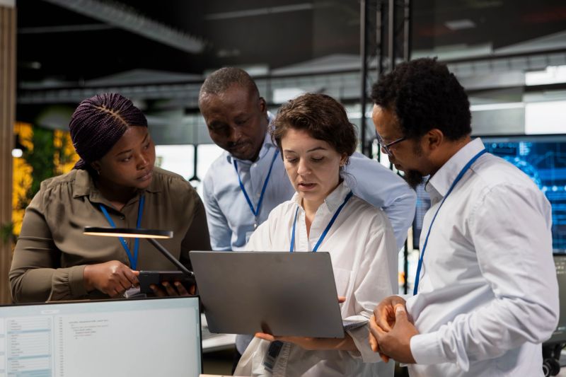 Engineering team in Silicon Valley company office developing software apps with laptop. Teamworking colleagues using notebook at work to code, debugging applications to resolve issues