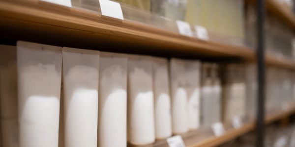 Row of white powder-filled bags on a wooden shelf.