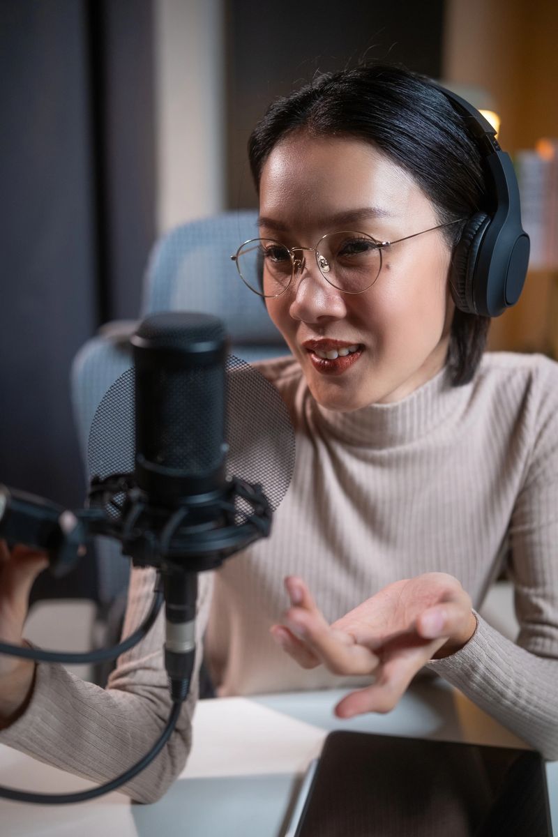 Professional beautiful asian female content creator in glasses and headphones recording a podcast at her desk, interacting with a microphone in a modern, well-lit home studio setup. Vertical Shot