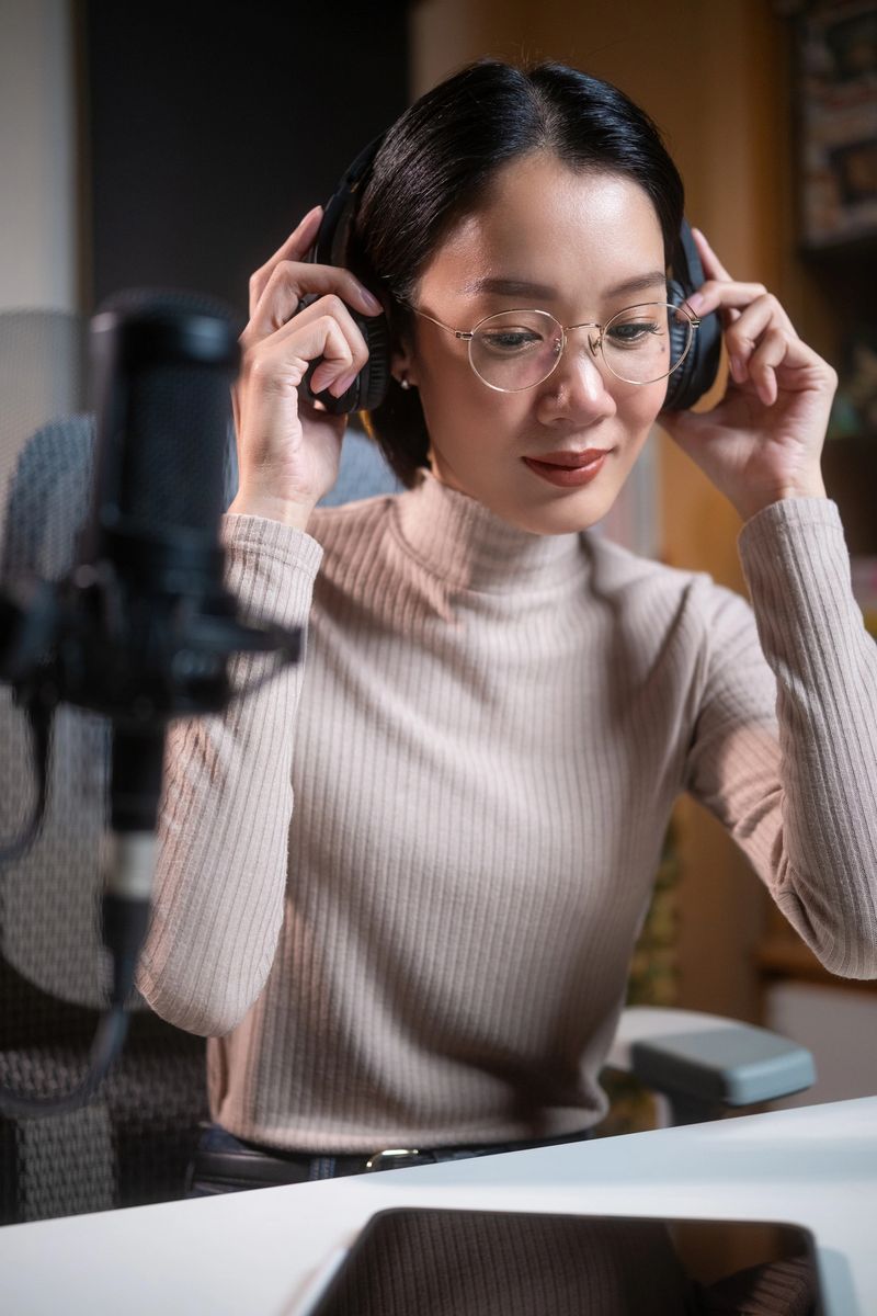 Focused beautiful asian female podcaster wearing glasses holding and adjusting her headphones, preparing for an audio recording session with a professional microphone in a home studio. Vertical Shot