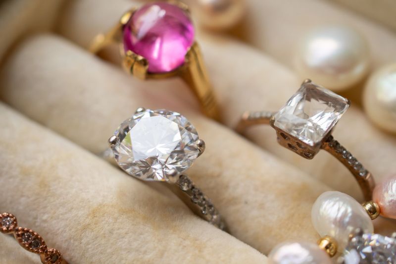 Collection of luxury diamond rings and pearl jewelry in velvet display box, elegant jewelry background