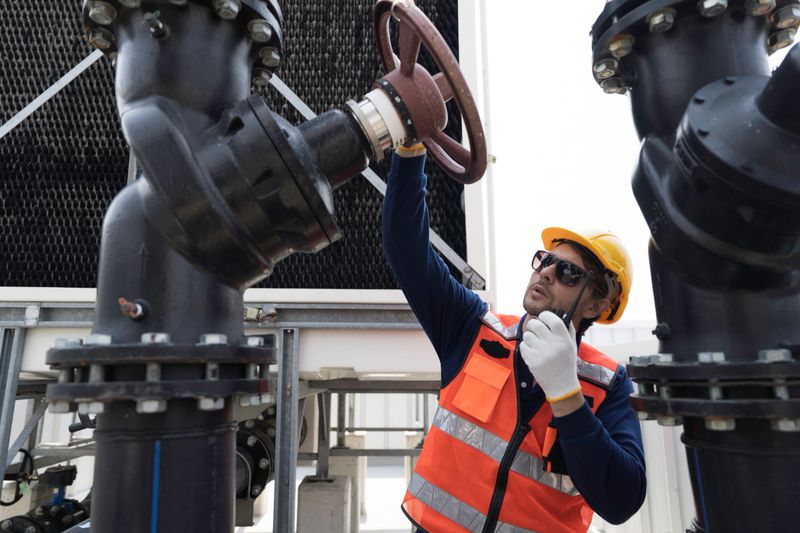 Inspecting work on the building cooling pipes. Male engineer inpecting cooling pipes network system at site work on rooftop of building. Pipes repair services work