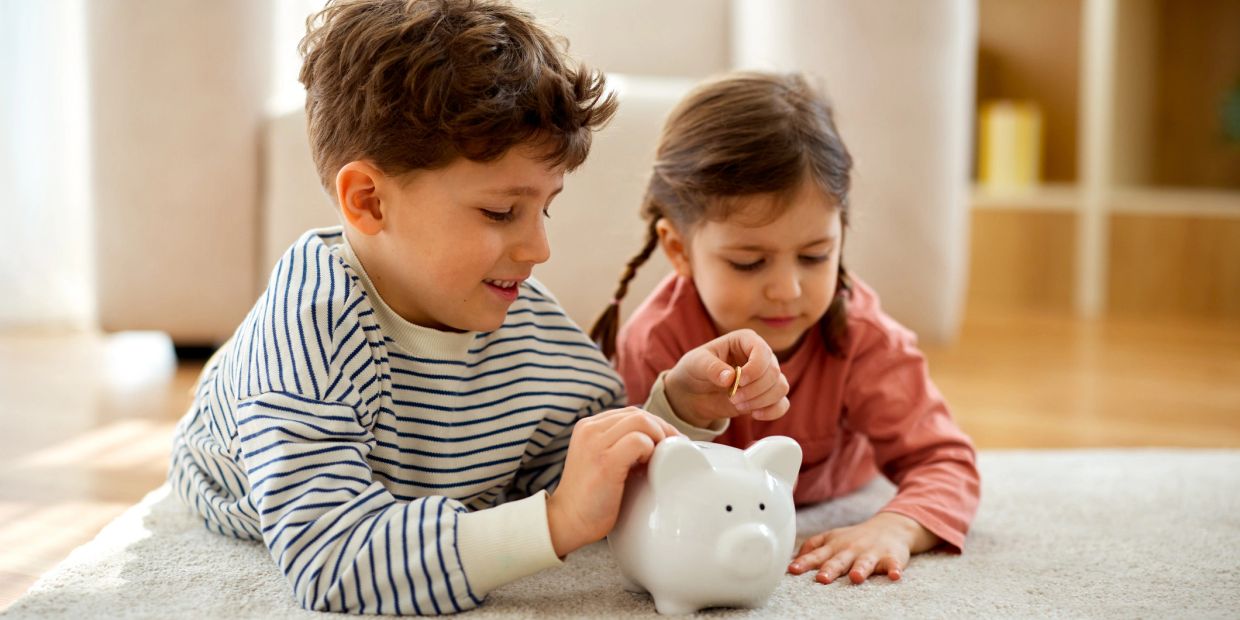 Two kids putting coin into a piggy bank.