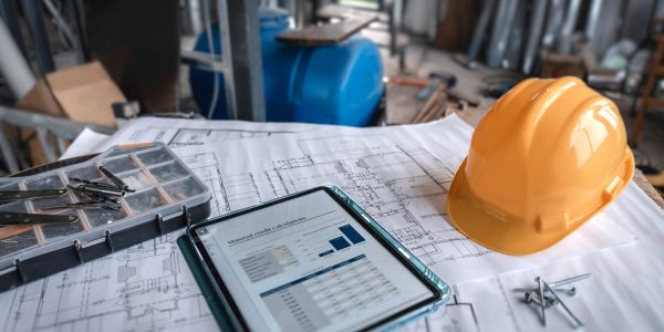 Construction plans with tablet and hard hat on a table.