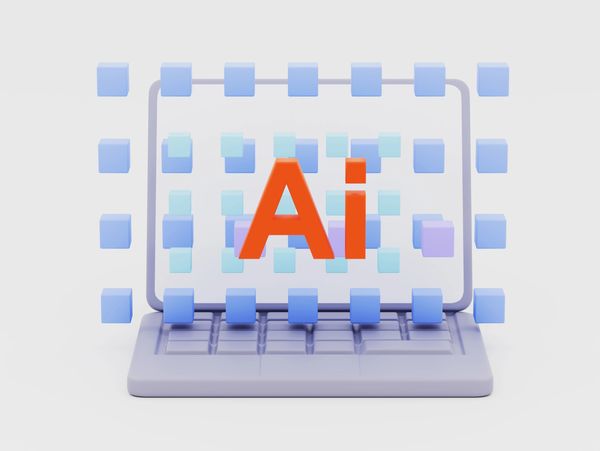3D laptop with floating blue cubes and red 'Ai' text.