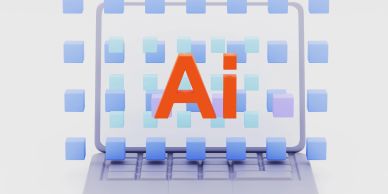 AI concept with floating blue cubes around a laptop screen displaying 'AI'.