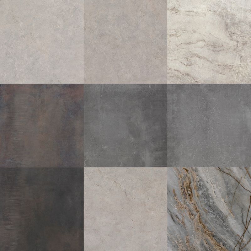 A curated grid composition featuring a mix of marble, granite, and concrete surface textures. The image showcases elegant white marble with soft veining, warm-toned granite with organic mineral patterns, and industrial grey cement finishes. The neutral color palette of beige, ivory, grey, and taupe creates a refined architectural mood, ideal for interior design, ceramic tiles, surface collections, and material mood boards