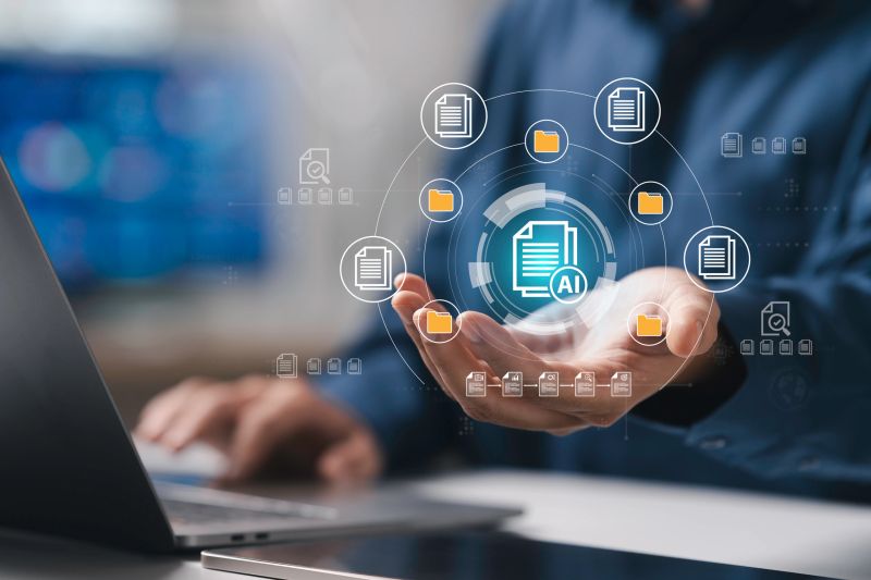 AI document management concept with intelligent data processing system, digital file storage organization, documentation database, automated workflow integration on laptop, smart business technology