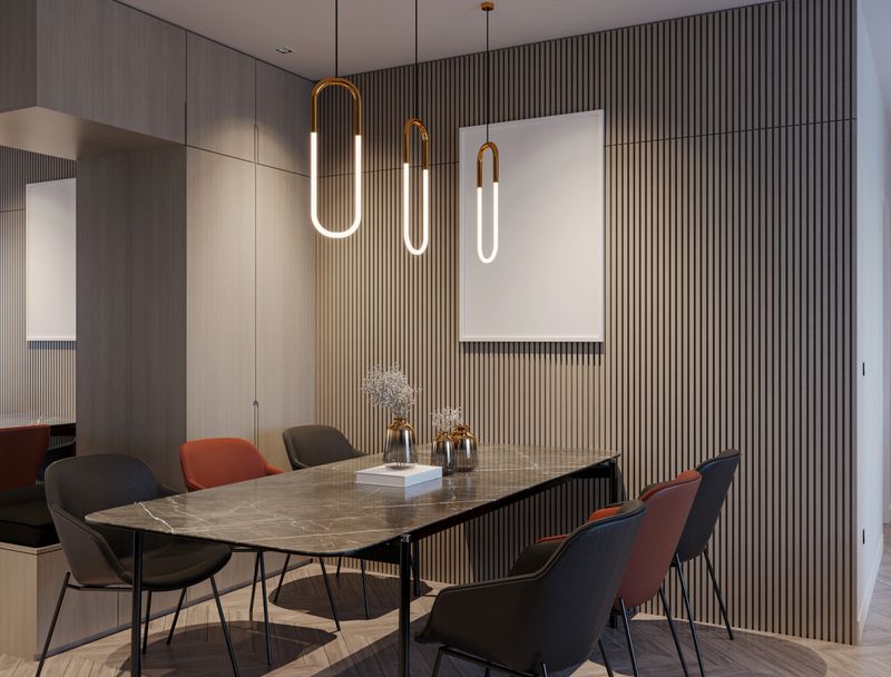 Modern Luxury Dining Room Interior with Marble Table and Fluted Wall Panels