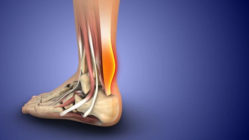 Detailed 3D medical illustration showing a side view of the human foot and ankle structure. Bones, muscles, and tendons are clearly visible, with the Achilles tendon area highlighted in bright orange to indicate pain, inflammation, or injury. The heel bone and lower leg connection are well defined, making the anatomy easy to understand. Ideal for medical education, sports injury awareness, physiotherapy training, and orthopedic presentations.