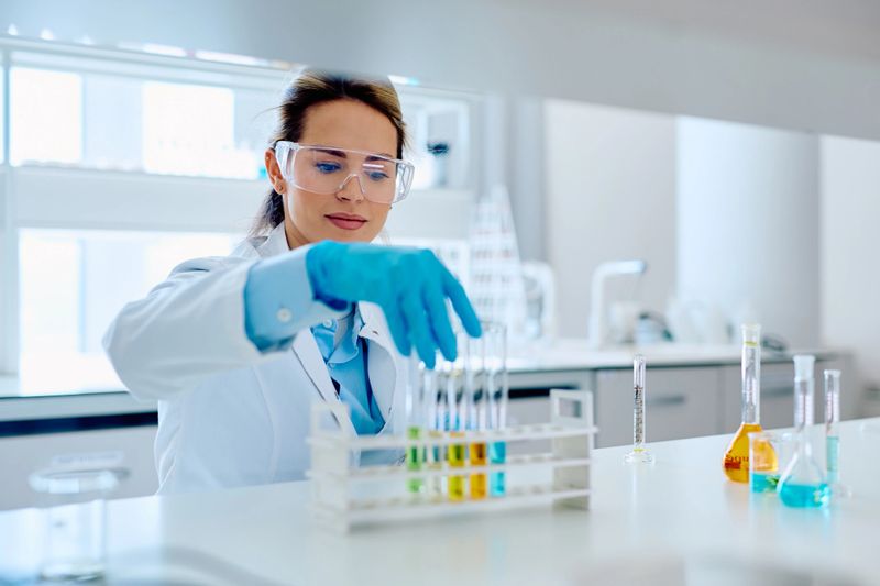 Female scientist wearing gloves and safety glasses researching in a laboratory, analyzing samples in test tubes