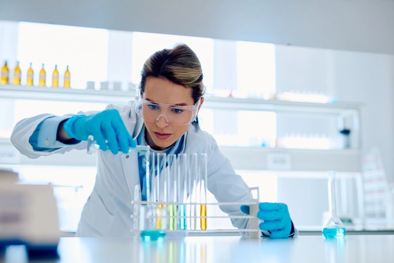 Female scientist in protective glasses and gloves conducting an experiment in a laboratory, pouring a liquid into test tubes
