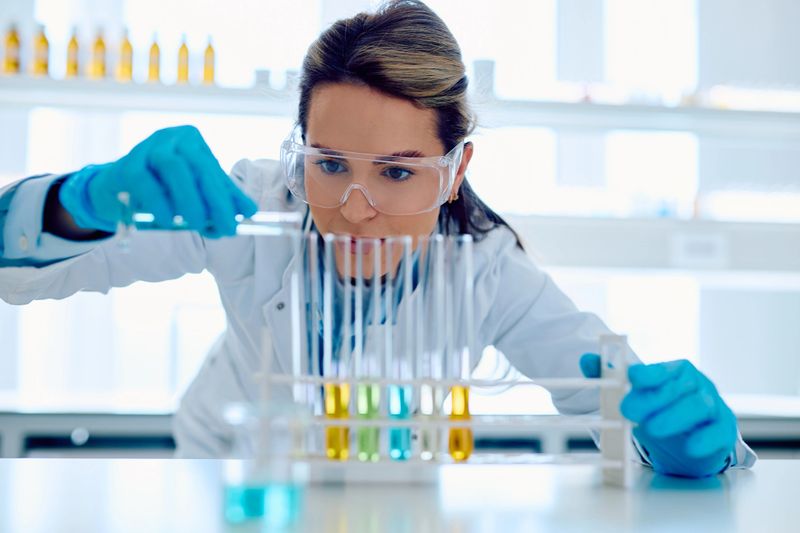 Scientist in lab coat, safety glasses, and blue gloves performing chemistry research pouring liquid into test tubes