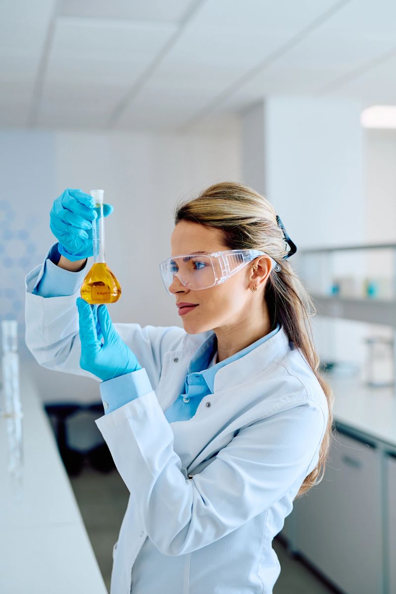 Woman scientist in protective glasses and gloves researching a chemical compound in a flask inside a modern scientific laboratory