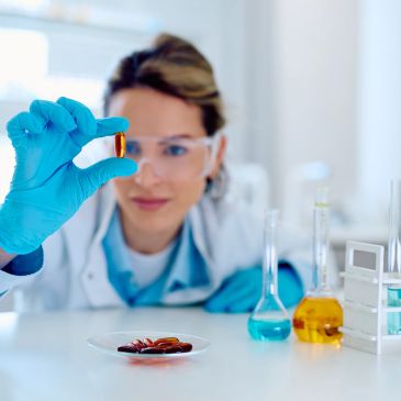 Scientist examining a capsule in a lab with test tubes.