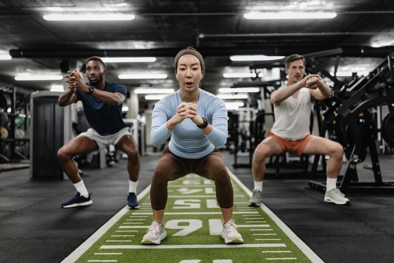 Three adults performing squats on indoor turf in a gym, focusing on strength, balance and group training motivation during a guided workout session.