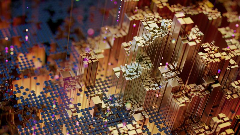 Futuristic abstract composition of gold metallic blocks and blue circular pads suggesting a data-driven cityscape, microchip circuitry and technological complexity with depth, texture and dynamic lighting.