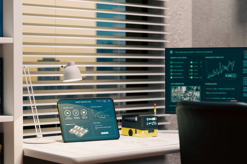 A high-tech home office or control room setup featuring a digital dashboard for monitoring real-time warehouse operations. The interface displays robotic fleet status, throughput analytics, and live camera feeds of automated guided vehicles (AGVs). An overhead LED display monitors target versus actual efficiency, showcasing a seamless remote industrial management system.