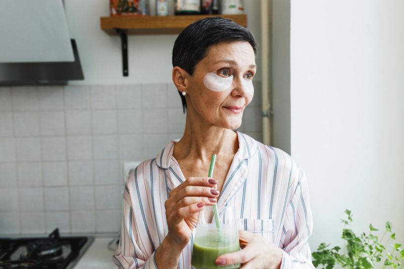 Close-up of attractive mature lady of 50s with short hair doing morning anti-age routine drinking antioxidant detox green smoothie with straw and wearing eye patches to stay healthy and young