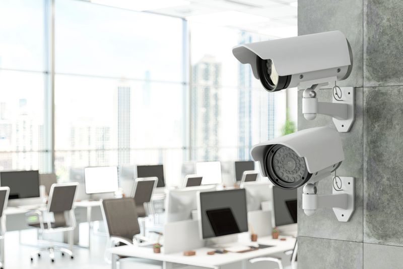 Security Cameras in Modern Office Interior for Surveillance and Safety. 3D Render