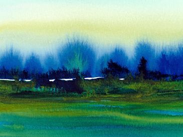 Abstract watercolor landscape with blue and green hues.