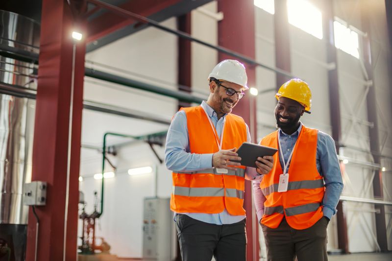 Two smiling multi-ethnic engineers wearing hardhats and safety vests are collaborating and discussing industrial plans using a digital tablet in a modern manufacturing facility
